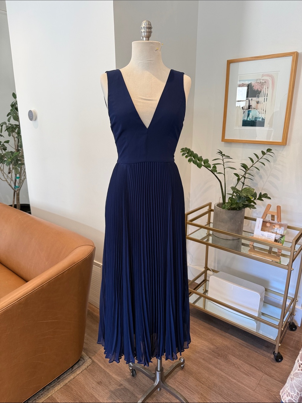Alice + Olivia Navy Pleated V-Neck Midi Dress
